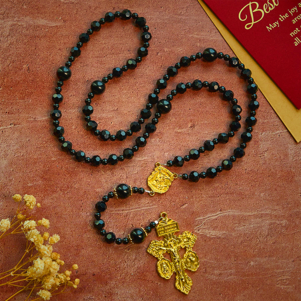 St. Michael and Pardon Crucifix of Faceted Black Bead Handmade Rosary