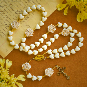 10mm Luminous Heart and White Rose Rosary: Mary's Gentle Protection