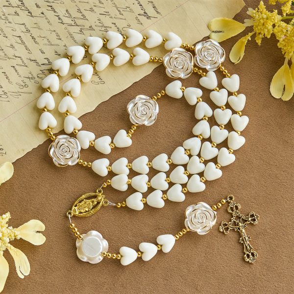Thanksgiving Gift: 10mm Luminous Heart and White Rose Rosary: Mary's Gentle Protection