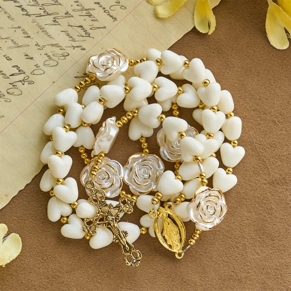 Thanksgiving Gift: 10mm Luminous Heart and White Rose Rosary: Mary's Gentle Protection
