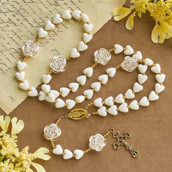 Thanksgiving Gift: 10mm Luminous Heart and White Rose Rosary: Mary's Gentle Protection