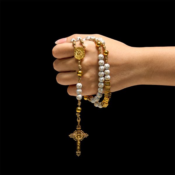 Ivory Golden Cross Beads Prayer Rosary with St. Michael & Personalized JESUS Letter