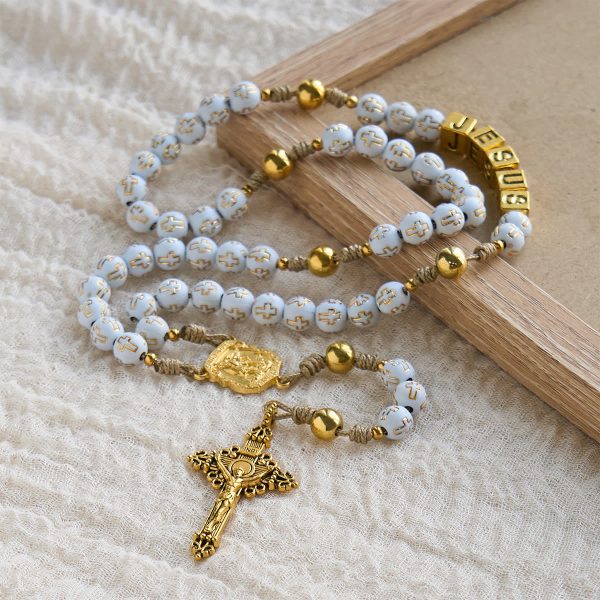 Ivory Golden Cross Beads Prayer Rosary with St. Michael & Personalized JESUS Letter