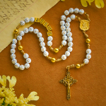 Ivory Golden Cross Beads Prayer Rosary with St. Michael & Personalized JESUS Letter