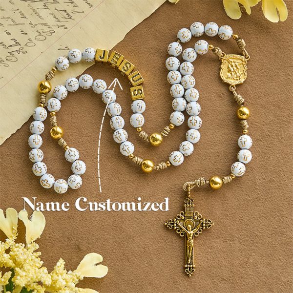 Ivory Golden Cross Beads Prayer Rosary with St. Michael & Personalized JESUS Letter