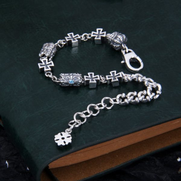 Classic 925 Sterling Silver Cross Bracelet with Gothic Floral Beads