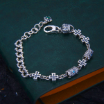 Classic 925 Sterling Silver Cross Bracelet with Gothic Floral Beads