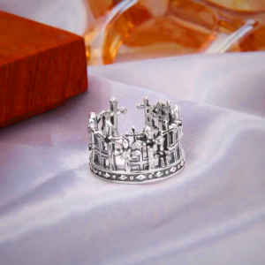 925 Sterling Gothic Lattice Cross Crown Ring with Church Motifs