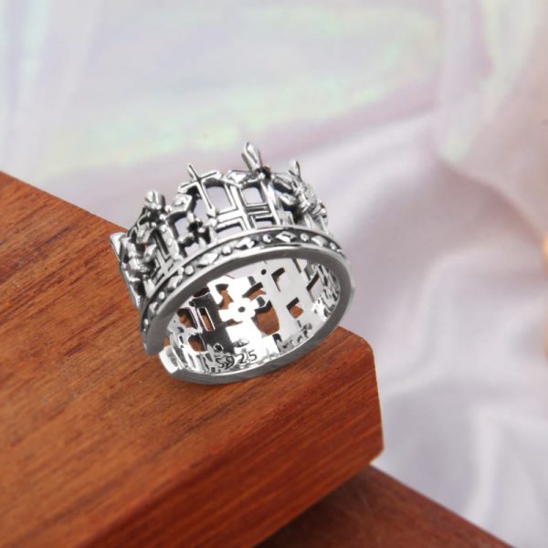 925 Sterling Gothic Lattice Cross Crown Ring with Church Motifs