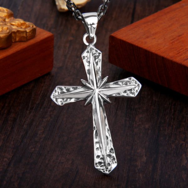 Gothic Inspired Sterling Cross Pendant Necklace with Carved Starburst
