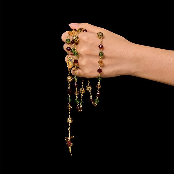 Vintage Red Green Faceted Beads Christmas Rosary with Our Lady & Rose Crucifix