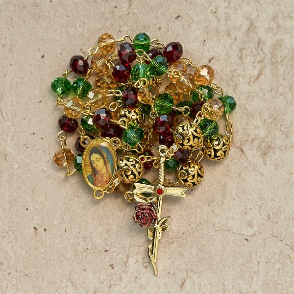 Vintage Red Green Faceted Beads Christmas Rosary with Our Lady & Rose Crucifix