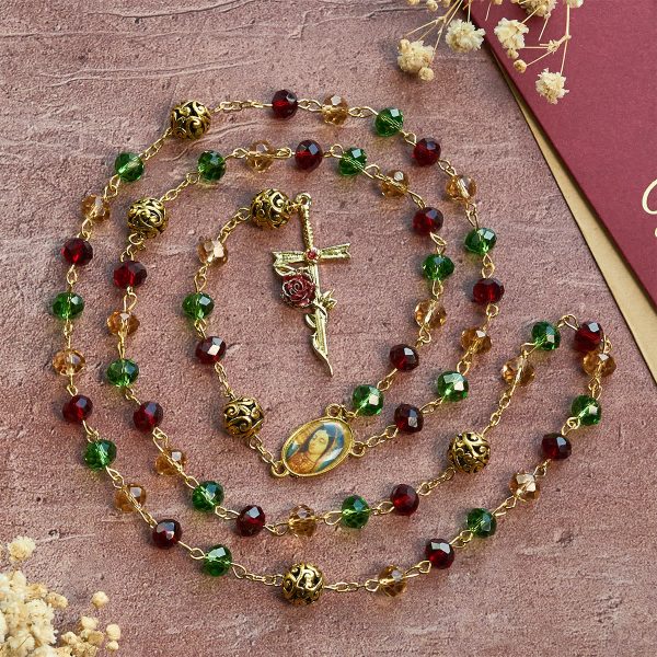 Vintage Red Green Faceted Beads Christmas Rosary with Our Lady & Rose Crucifix