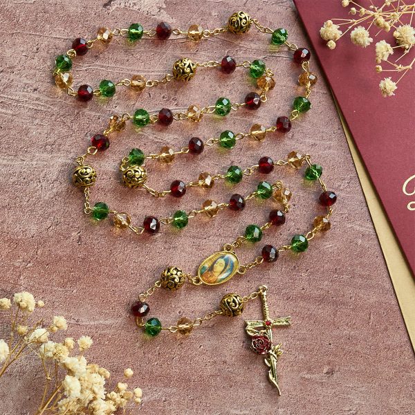 Vintage Red Green Faceted Beads Christmas Rosary with Our Lady & Rose Crucifix