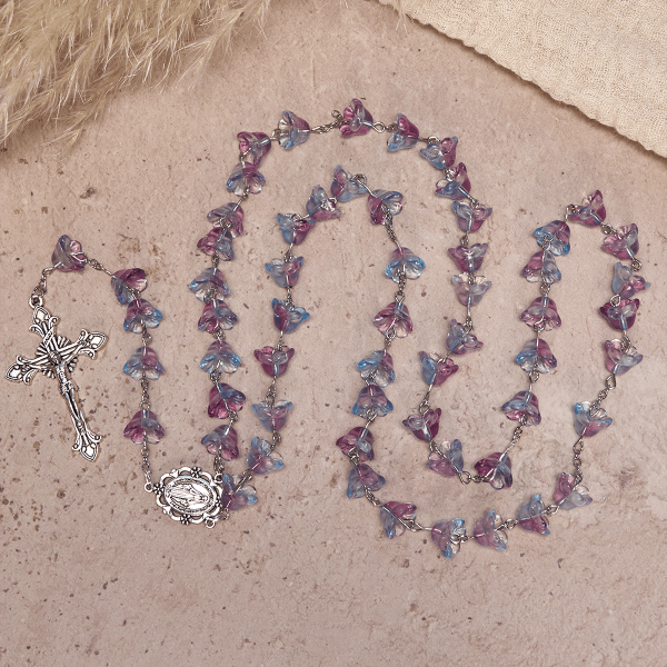 Pastel Bloom Lily-of-the-Valley Glass Rosary with Our Lady: Pure Marian grace