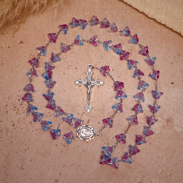 Pastel Bloom Lily-of-the-Valley Glass Rosary with Our Lady: Pure Marian grace