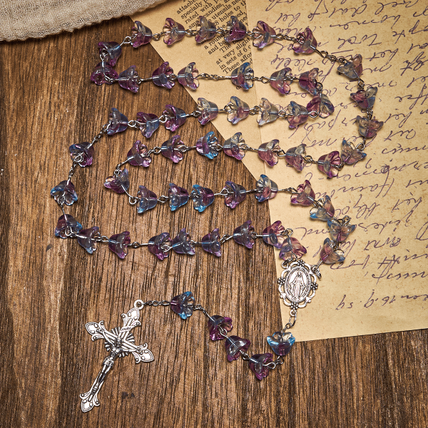 Pastel Bloom Lily-of-the-Valley Glass Rosary with Our Lady: Pure Marian grace