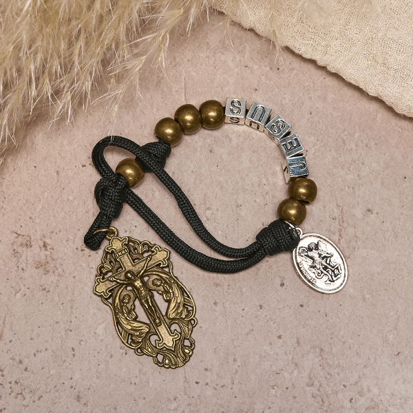 Minimal Black Rugged Pocket Rosary with St. Michael & Personalized JESUS Letter