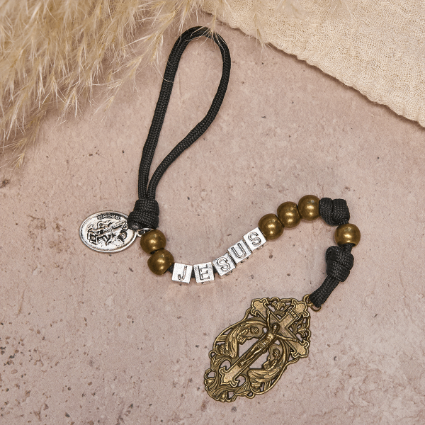 Minimal Black Rugged Pocket Rosary with St. Michael & Personalized JESUS Letter