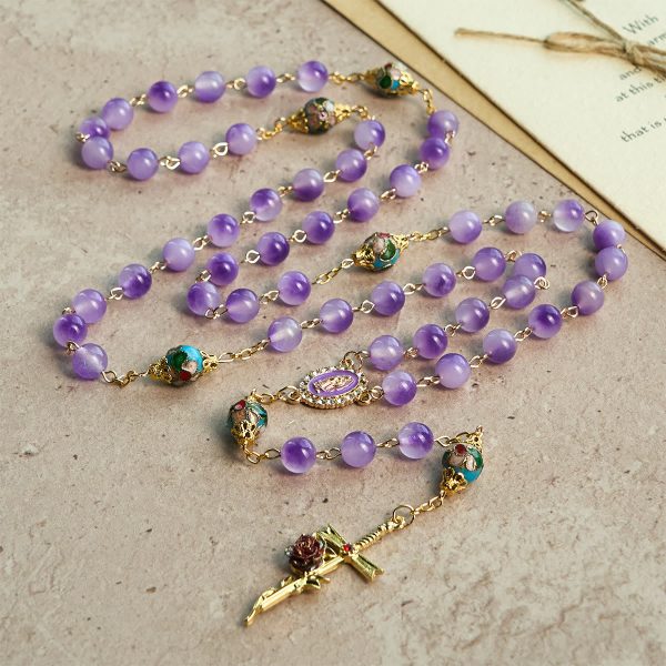 Vintage-Style Purple Crystal & Cloisonné Rosary with Floral Cross and Marian Center