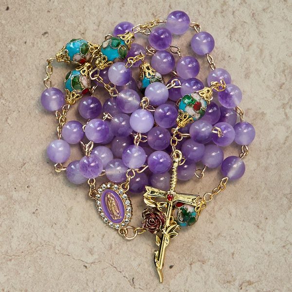 Thanksgiving Gift: Vintage-Style Purple Crystal & Cloisonné Rosary with Floral Cross and Marian Center