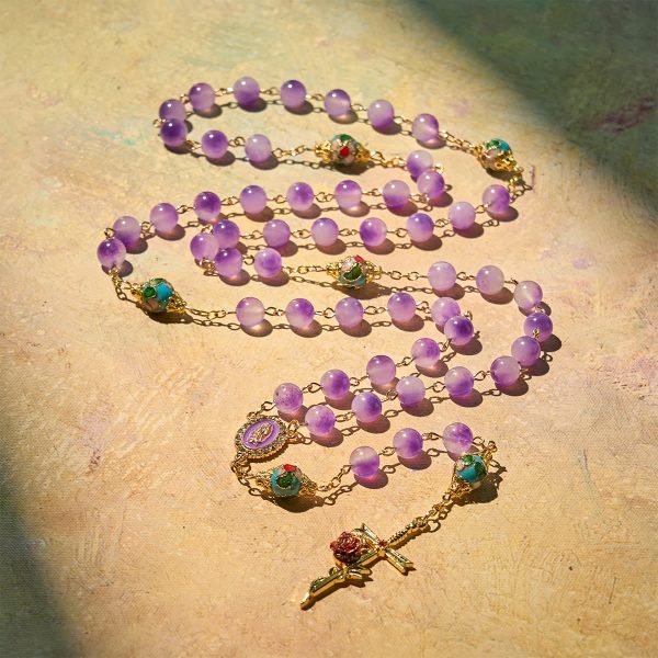 Vintage-Style Purple Crystal & Cloisonné Rosary with Floral Cross and Marian Center