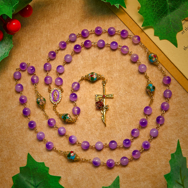 Vintage-Style Purple Crystal & Cloisonné Rosary with Floral Cross and Marian Center
