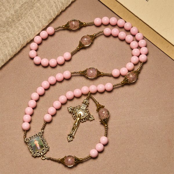 Elegant Pink Beads Faithful Rosary with Divine Mercy for Spiritual Comfort