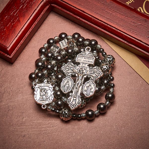 Black Agate Custom Rosary with Shield of St. Michael & Personalized JESUS