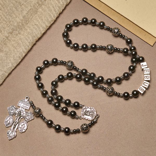 Black Agate Custom Rosary with Shield of St. Michael & Personalized JESUS