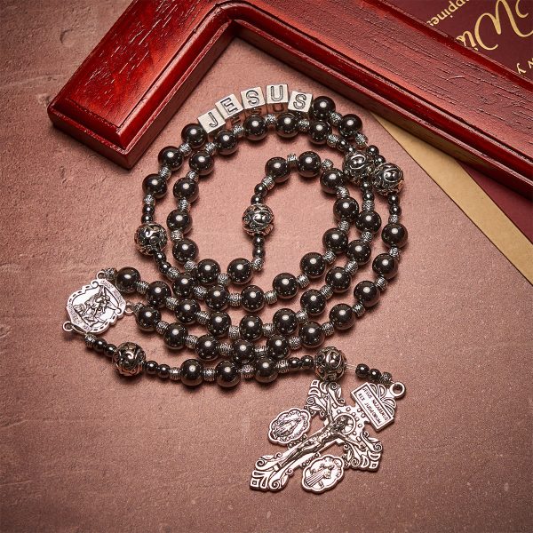 Black Agate Custom Rosary with Shield of St. Michael & Personalized JESUS