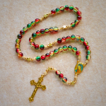 Christmas Glass Bead Rosary: Our Lady of Guadalupe Medal & Golden Crucifix