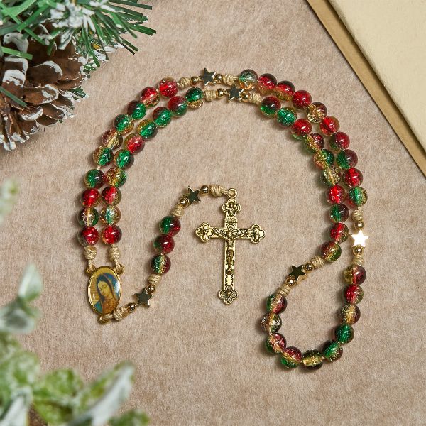 Christmas Glass Bead Rosary: Our Lady of Guadalupe Medal & Golden Crucifix