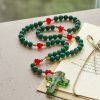 Green Patterned Stone Rosary for Devout Prayer: Green-Golden Glass Cross