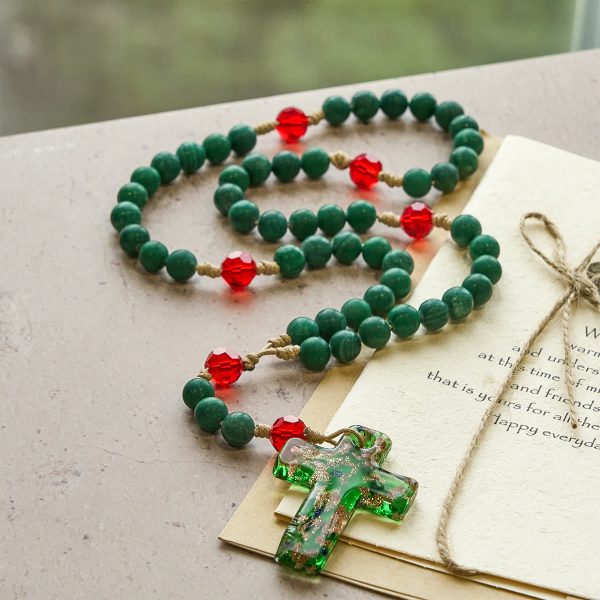 Green Patterned Stone Rosary for Devout Prayer: Green-Golden Glass Cross