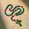 Green Patterned Stone Rosary for Devout Prayer: Green-Golden Glass Cross