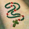 Green Patterned Stone Rosary for Devout Prayer: Green-Golden Glass Cross