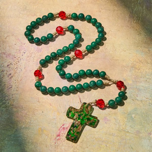 Green Patterned Stone Rosary for Devout Prayer: Green-Golden Glass Cross