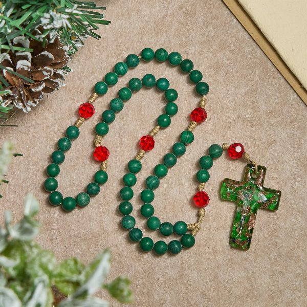 Green Patterned Stone Rosary for Devout Prayer: Green-Golden Glass Cross
