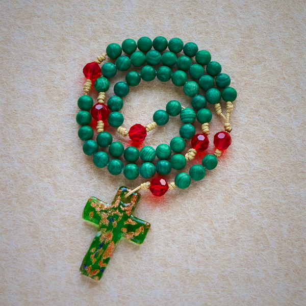Green Patterned Stone Rosary for Devout Prayer: Green-Golden Glass Cross