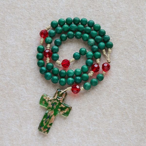 Christmas Gift: Green Patterned Stone Rosary for Devout Prayer: Green-Golden Glass Cross