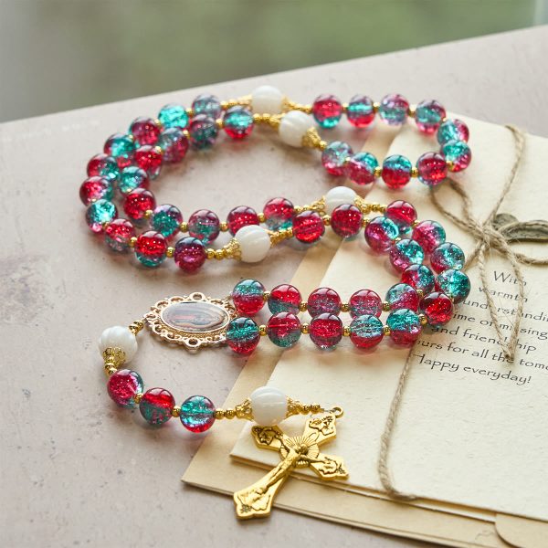 Christmas Red-Blue Glass Bead Rosary: Our Lady Medal & Ornate Cross