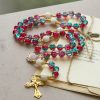 Christmas Red-Blue Glass Bead Rosary: Our Lady Medal & Ornate Cross