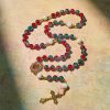 Christmas Red-Blue Glass Bead Rosary: Our Lady Medal & Ornate Cross