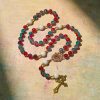 Christmas Red-Blue Glass Bead Rosary: Our Lady Medal & Ornate Cross