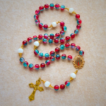 Christmas Red-Blue Glass Bead Rosary: Our Lady Medal & Ornate Cross