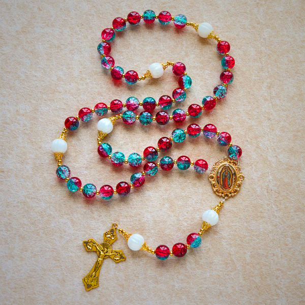 Christmas Red-Blue Glass Bead Rosary: Our Lady Medal & Ornate Cross