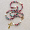 Christmas Gift: Christmas Red-Blue Glass Bead Rosary: Our Lady Medal & Ornate Cross