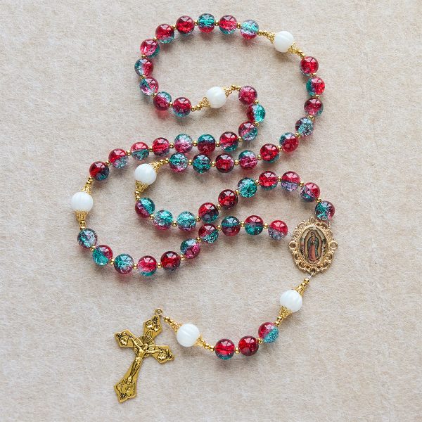 Christmas Gift: Christmas Red-Blue Glass Bead Rosary: Our Lady Medal & Ornate Cross