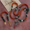 Amber-Tone Beads and Green Paracord Christmas Rosary with Holy Family Medal